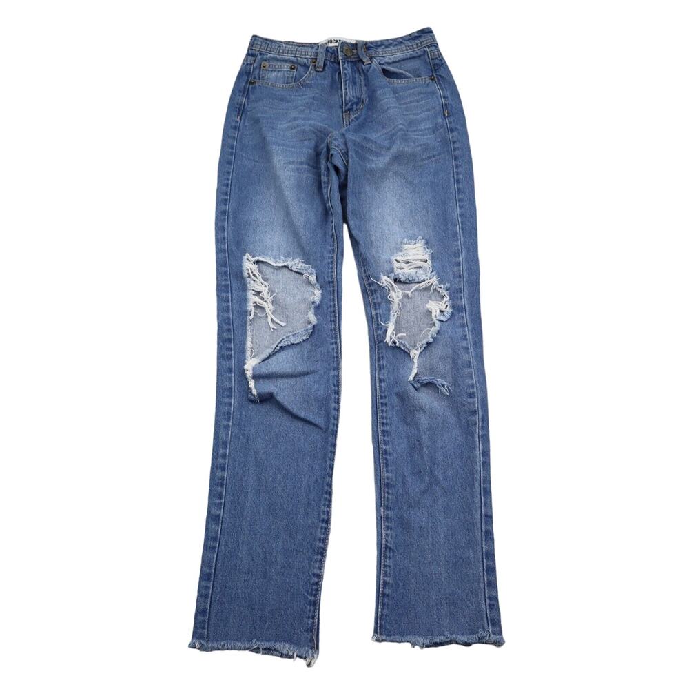 The Rock N Rev Pants Womens 2 Blue Boyfriend Distress Mid Rise Denim Button Zip